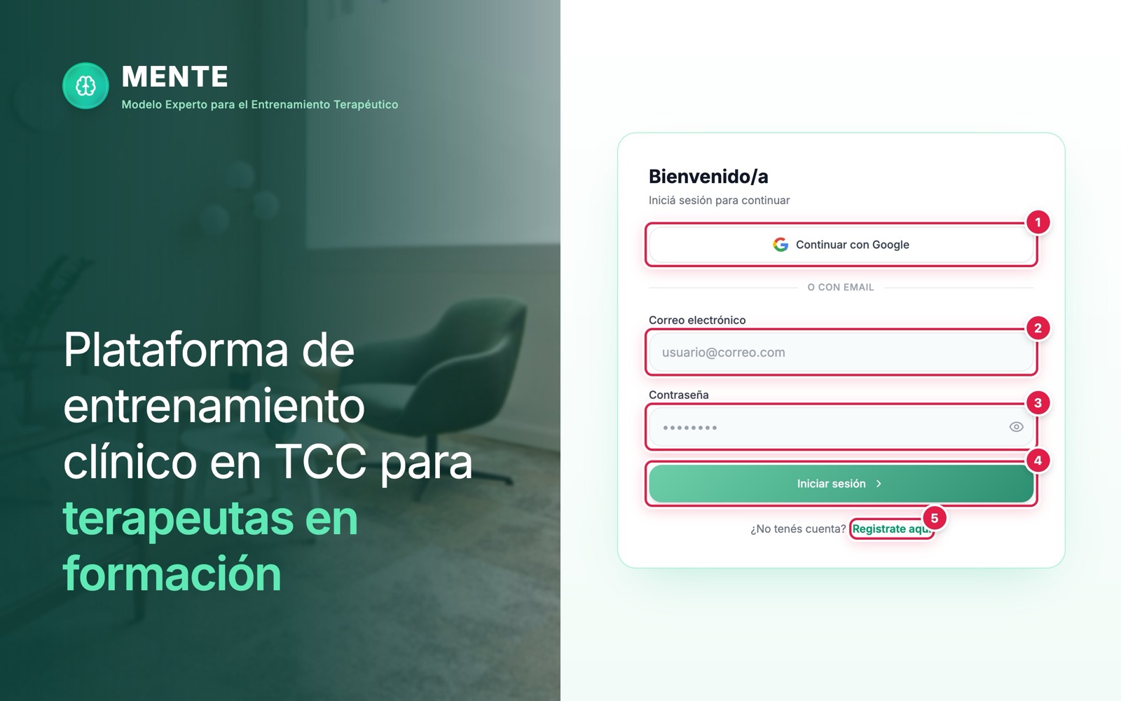 Pantalla de inicio de sesión de Mente