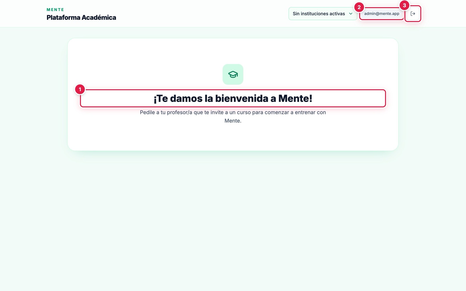 Pantalla de bienvenida sin cursos