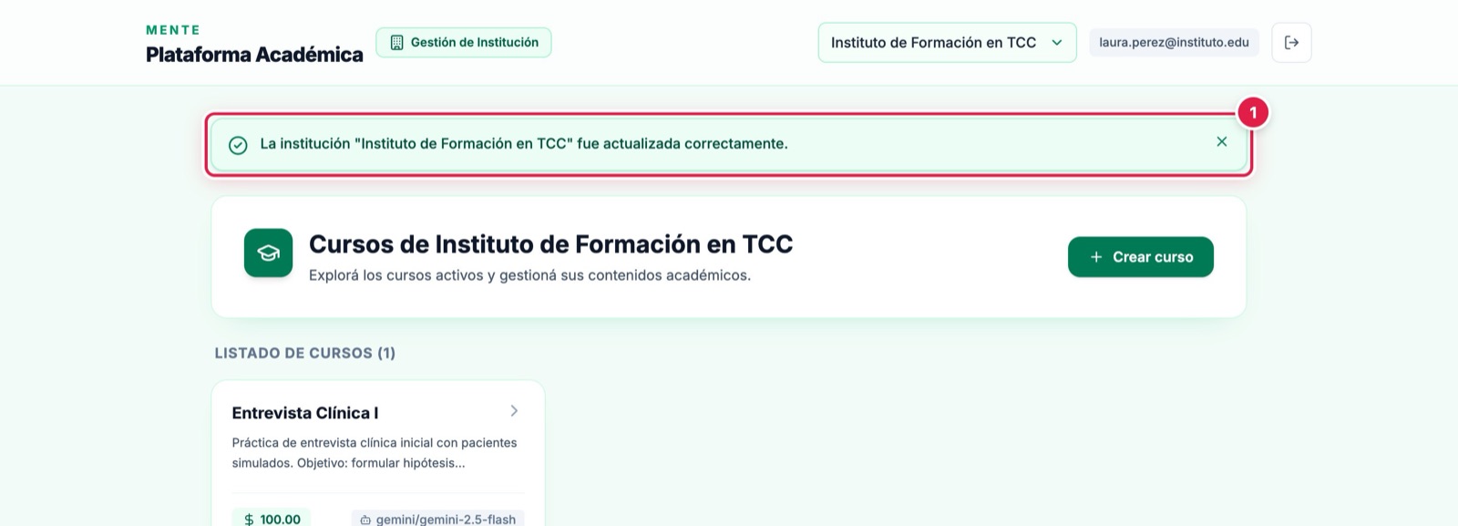 Confirmación de institución actualizada