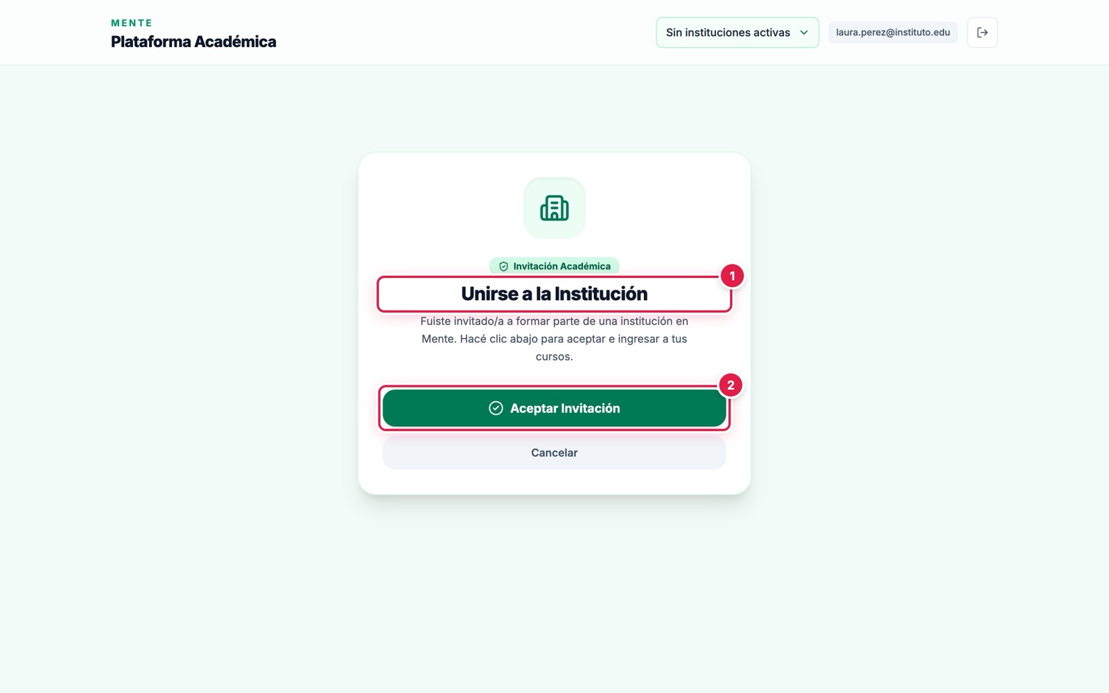 Pantalla para aceptar una invitación a institución