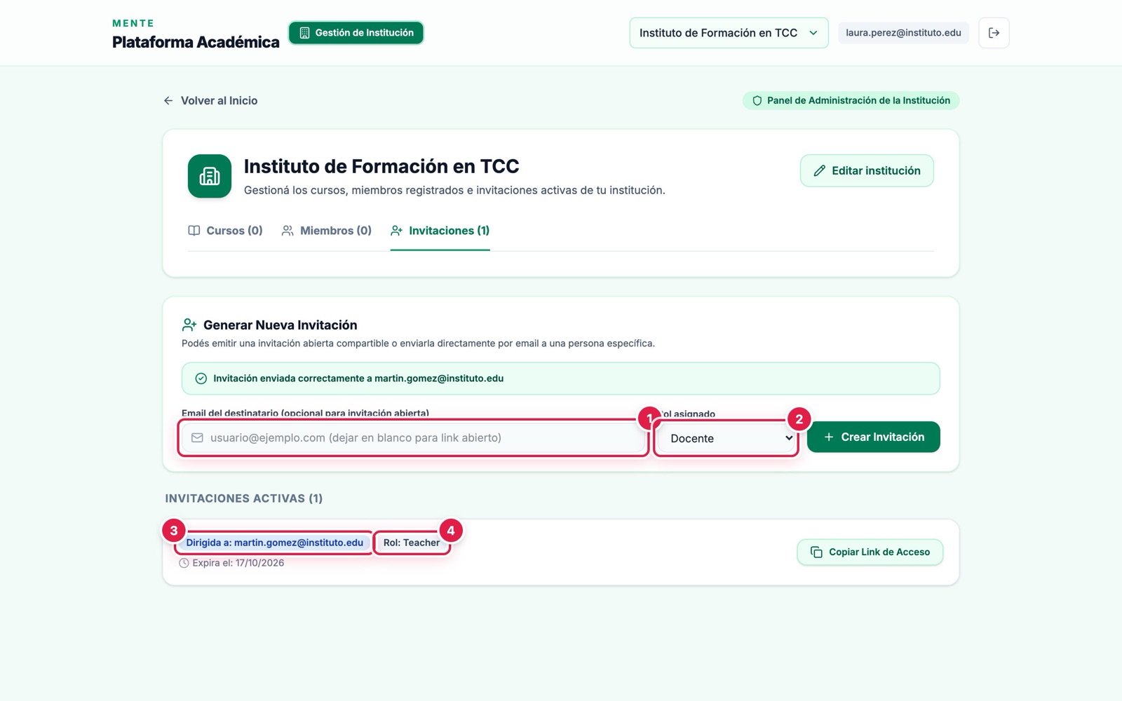 Invitación a un docente creada