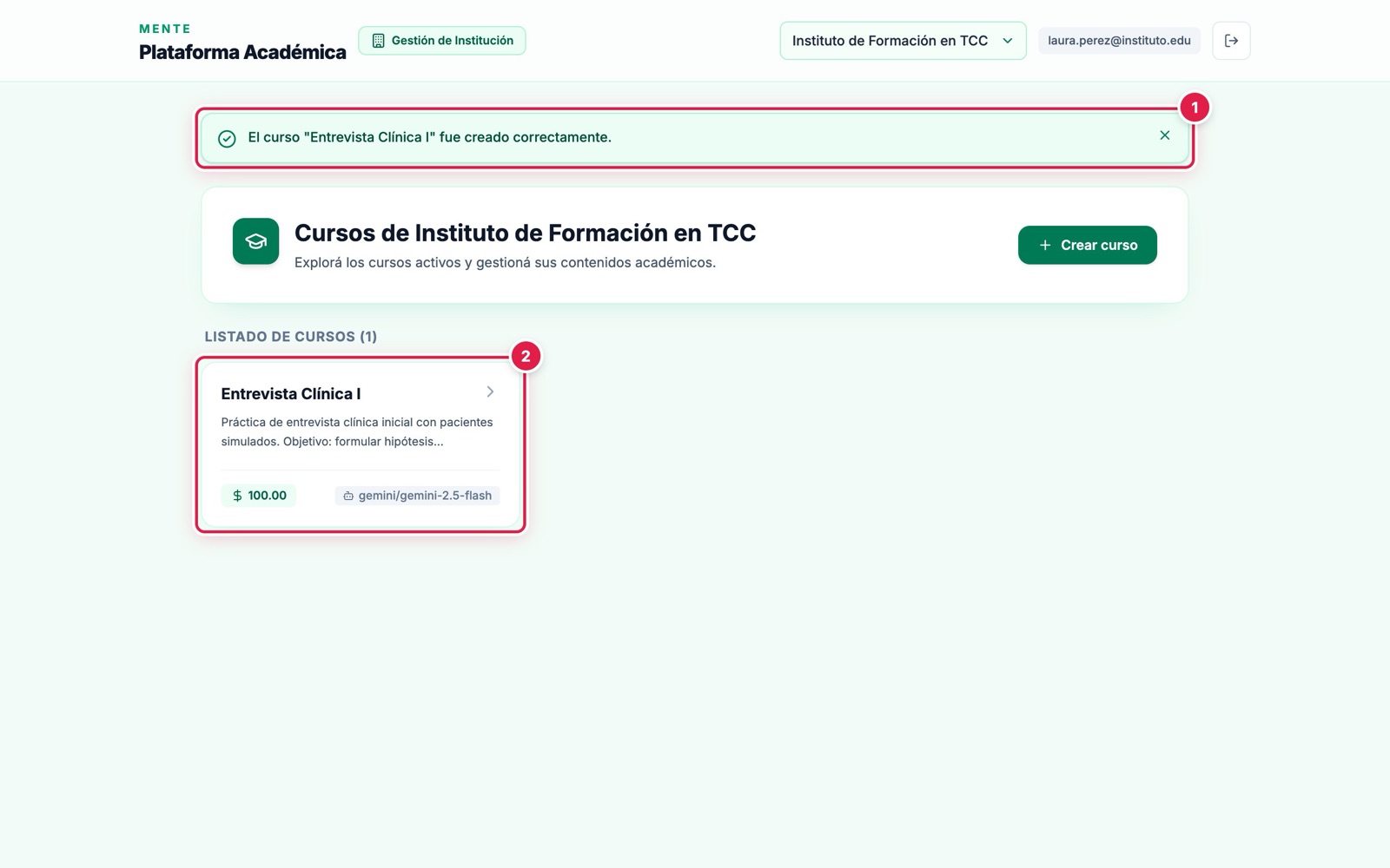 Curso creado en el listado de inicio