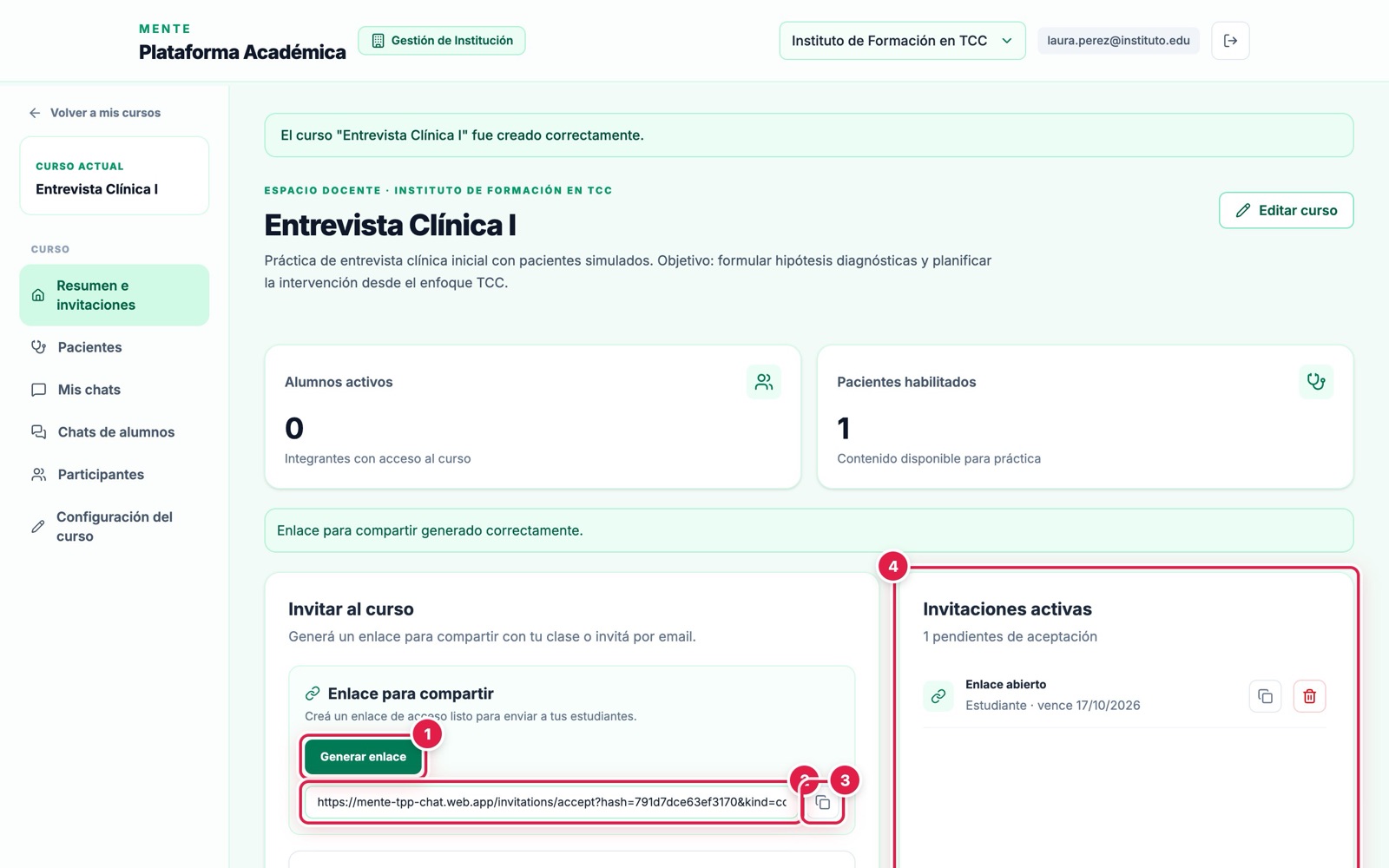 Enlace abierto generado para alumnos