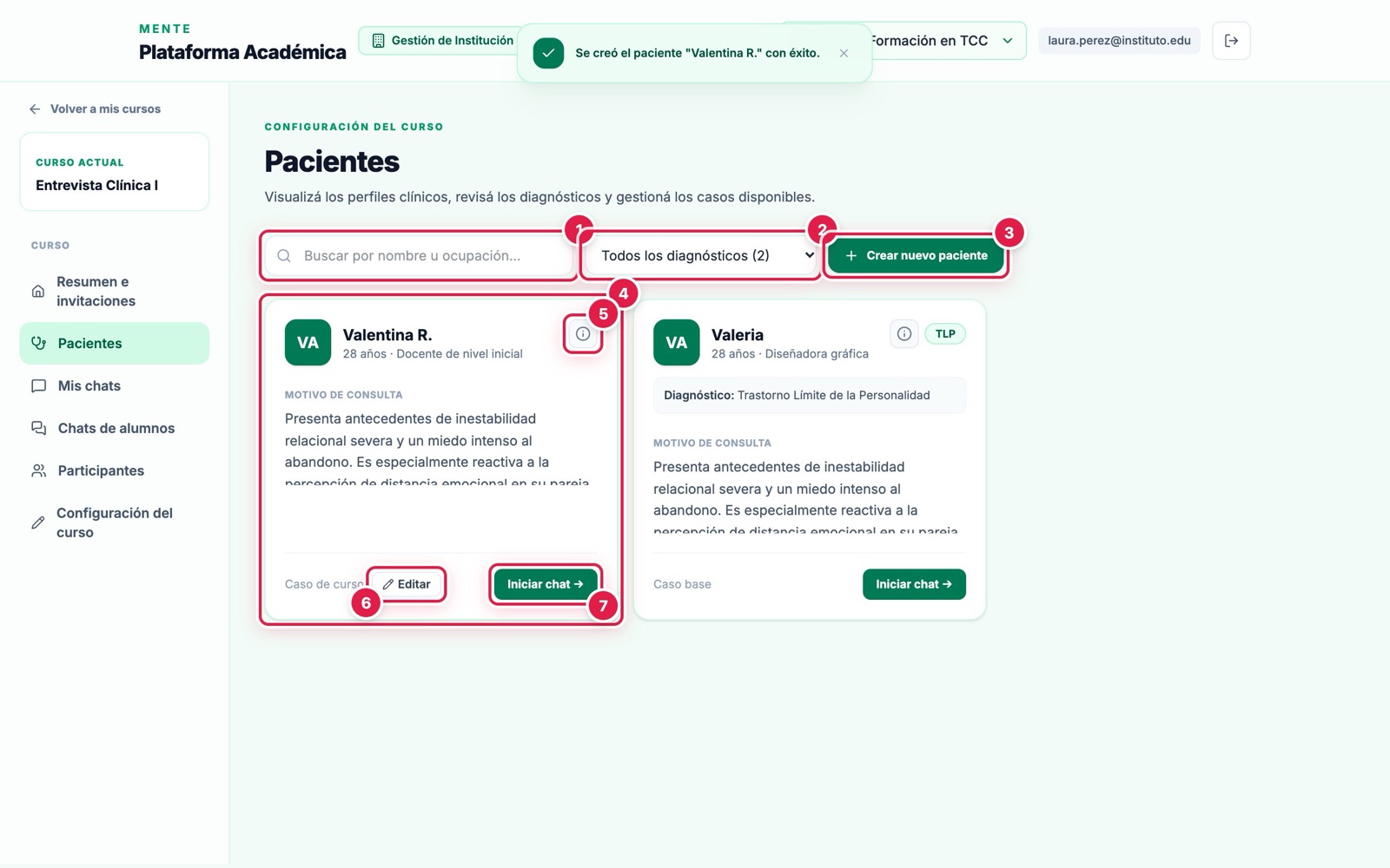 Panel de pacientes visto por un profesor