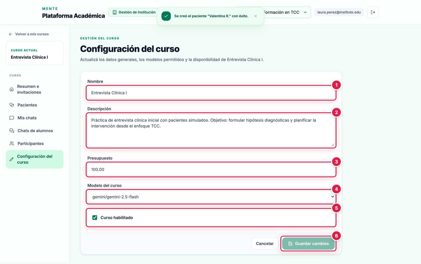 Pantalla de configuración del curso