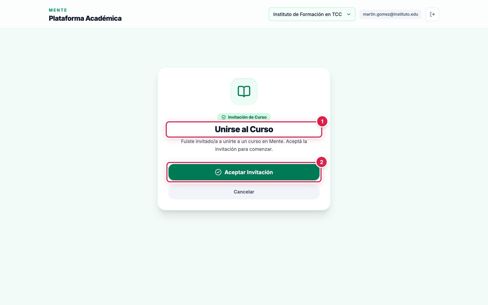 Pantalla para aceptar una invitación a un curso