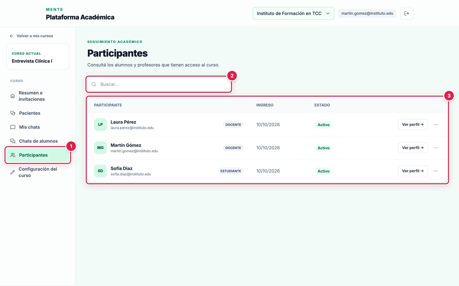 Listado de participantes del curso