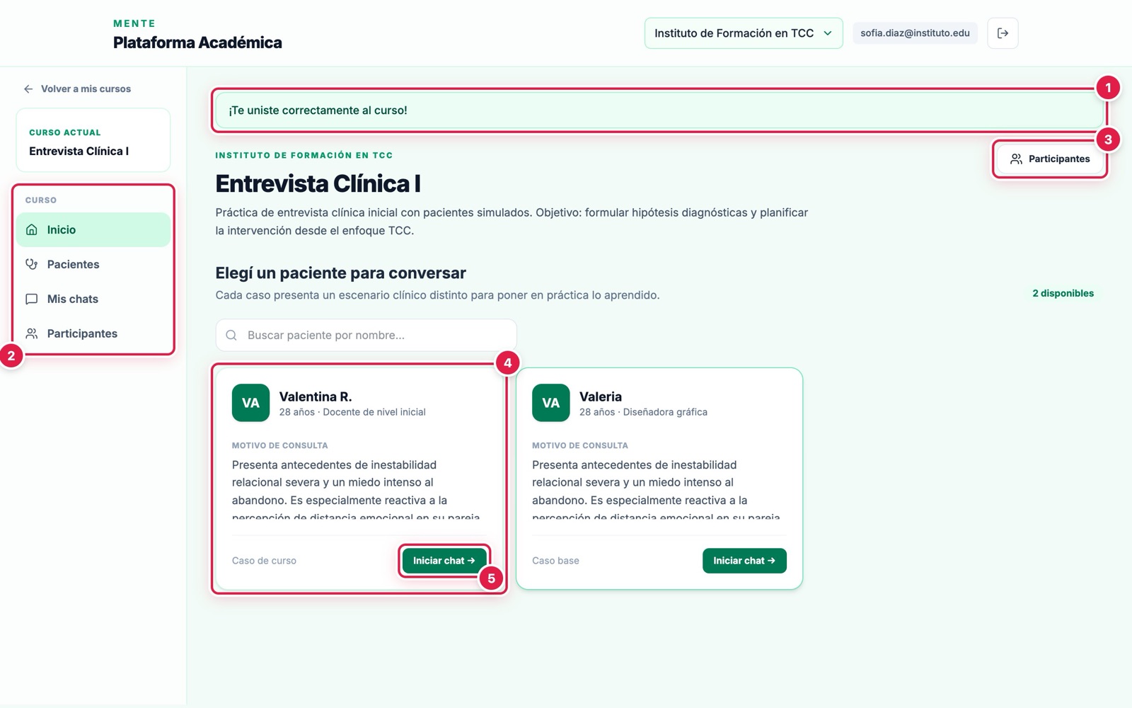 Vista del curso para un alumno