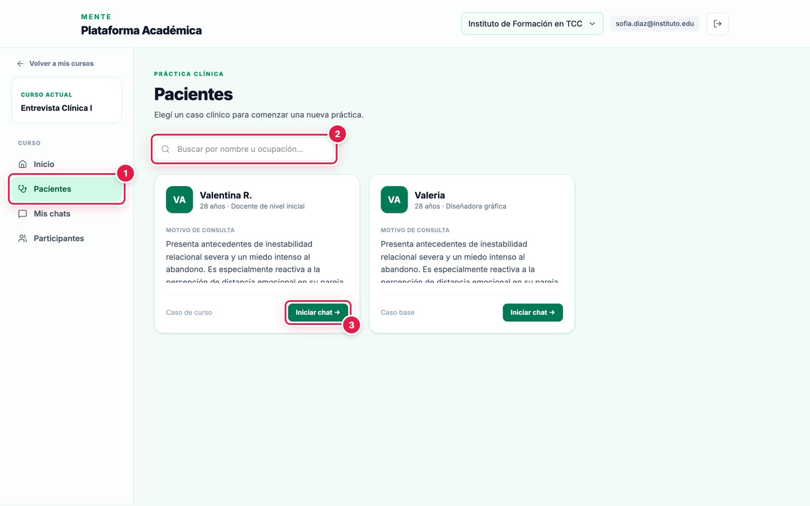 Panel de pacientes para un alumno